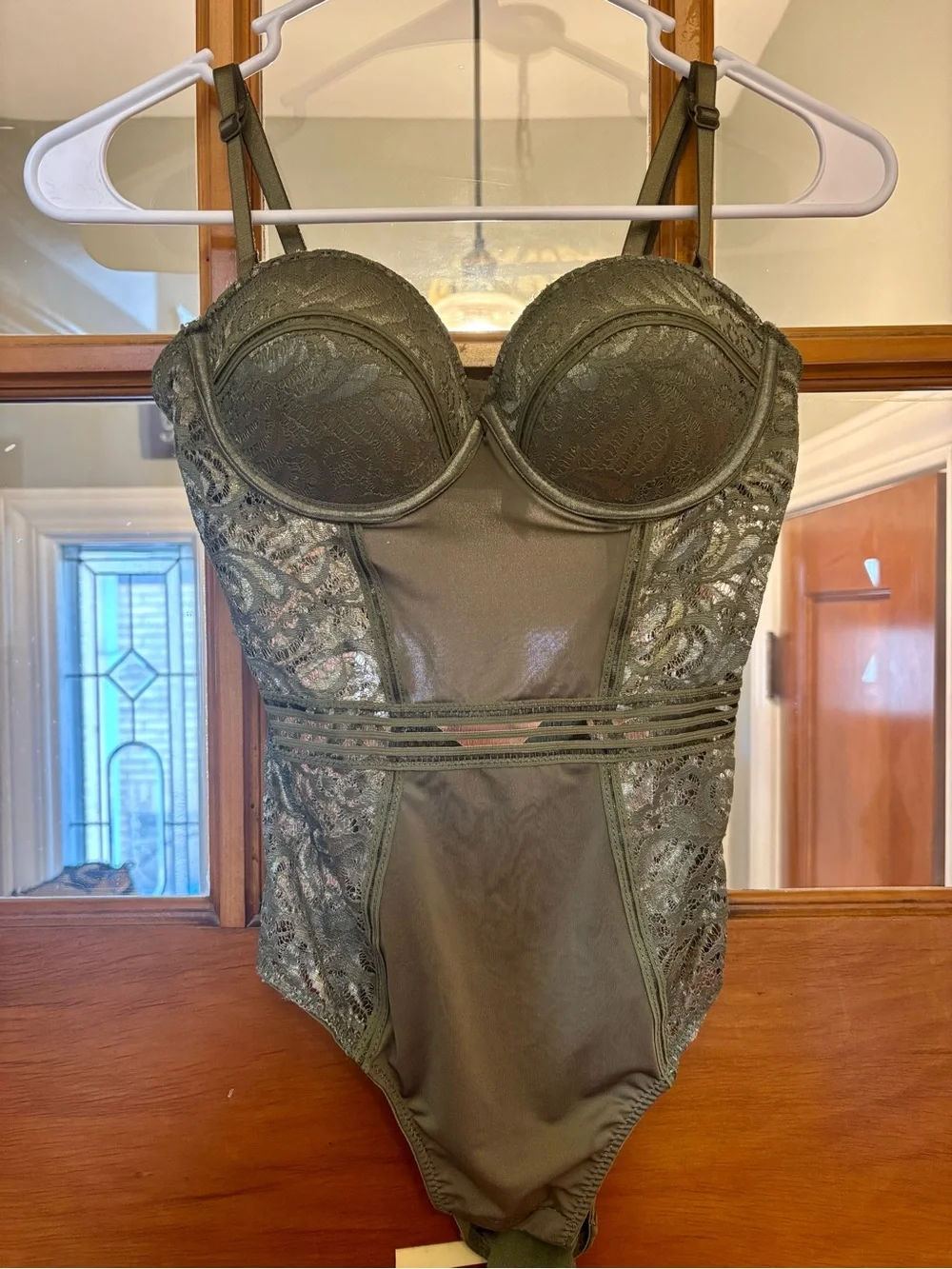 Olive Green Lace-Trim Bodysuit